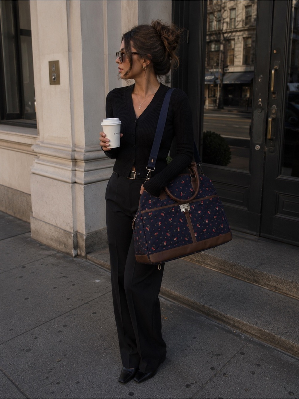 Navy Floral Travel Weekender Bag with Brown Trim